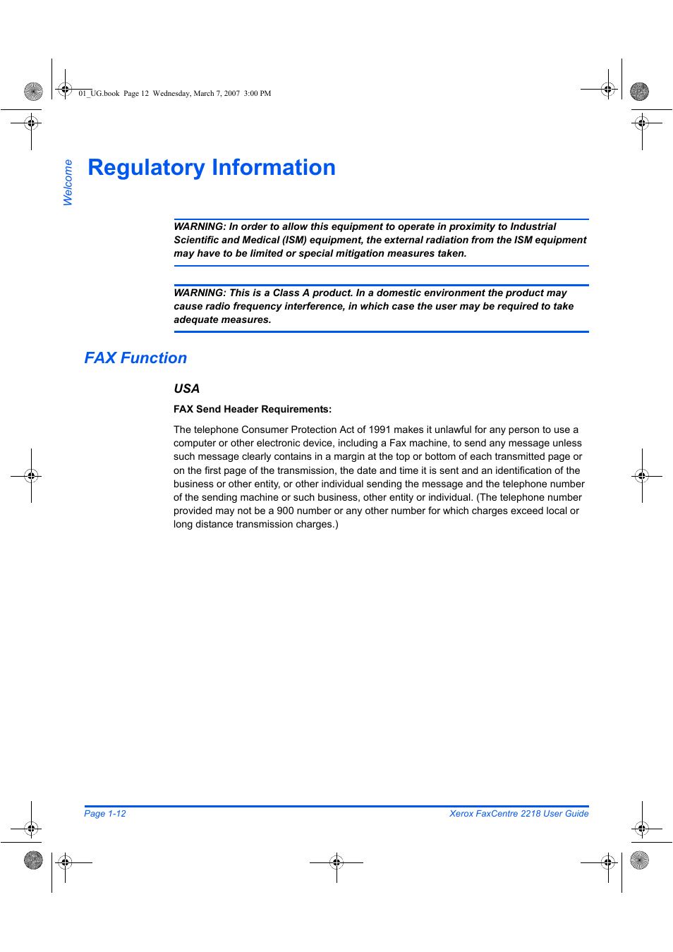Regulatory information, Fax function | Xerox FaxCentre 2218 User Manual | Page 20 / 212