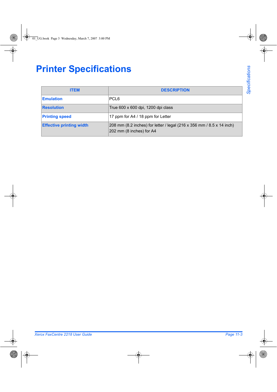 Printer specifications | Xerox FaxCentre 2218 User Manual | Page 201 / 212