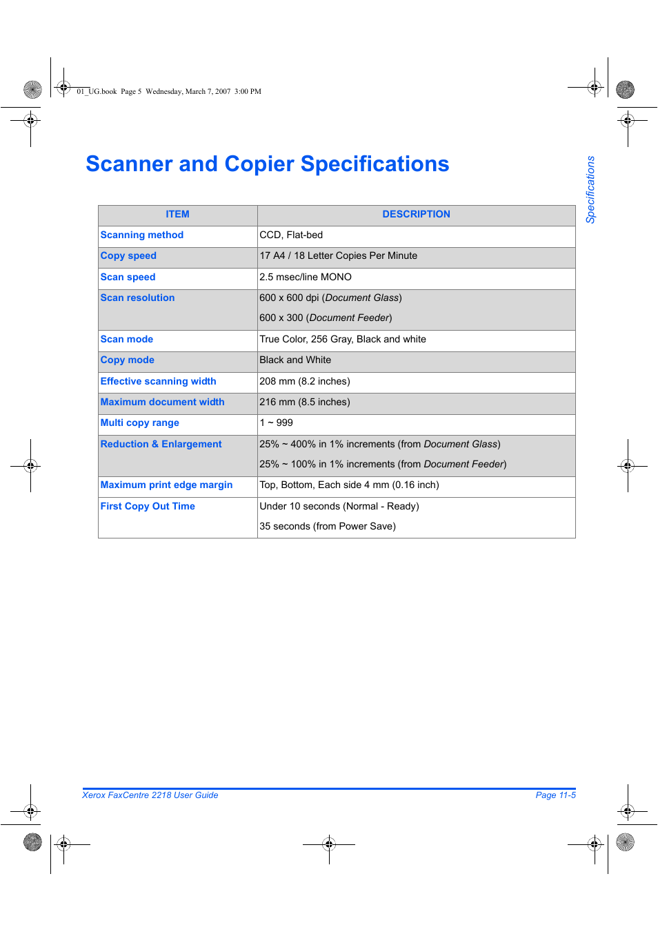 Scanner and copier specifications | Xerox FaxCentre 2218 User Manual | Page 203 / 212