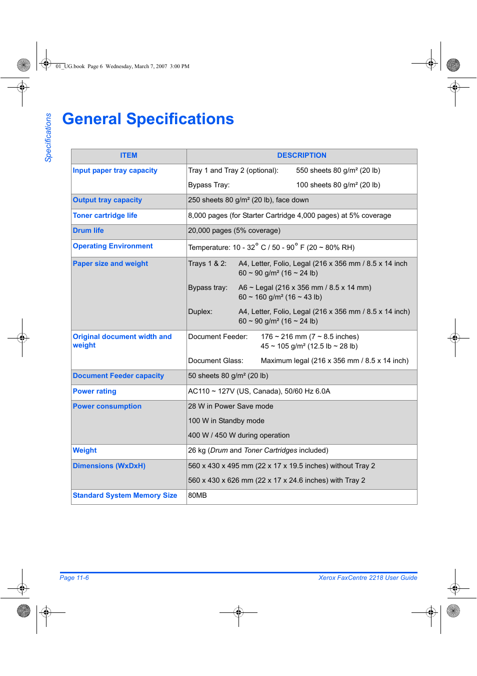 General specifications | Xerox FaxCentre 2218 User Manual | Page 204 / 212
