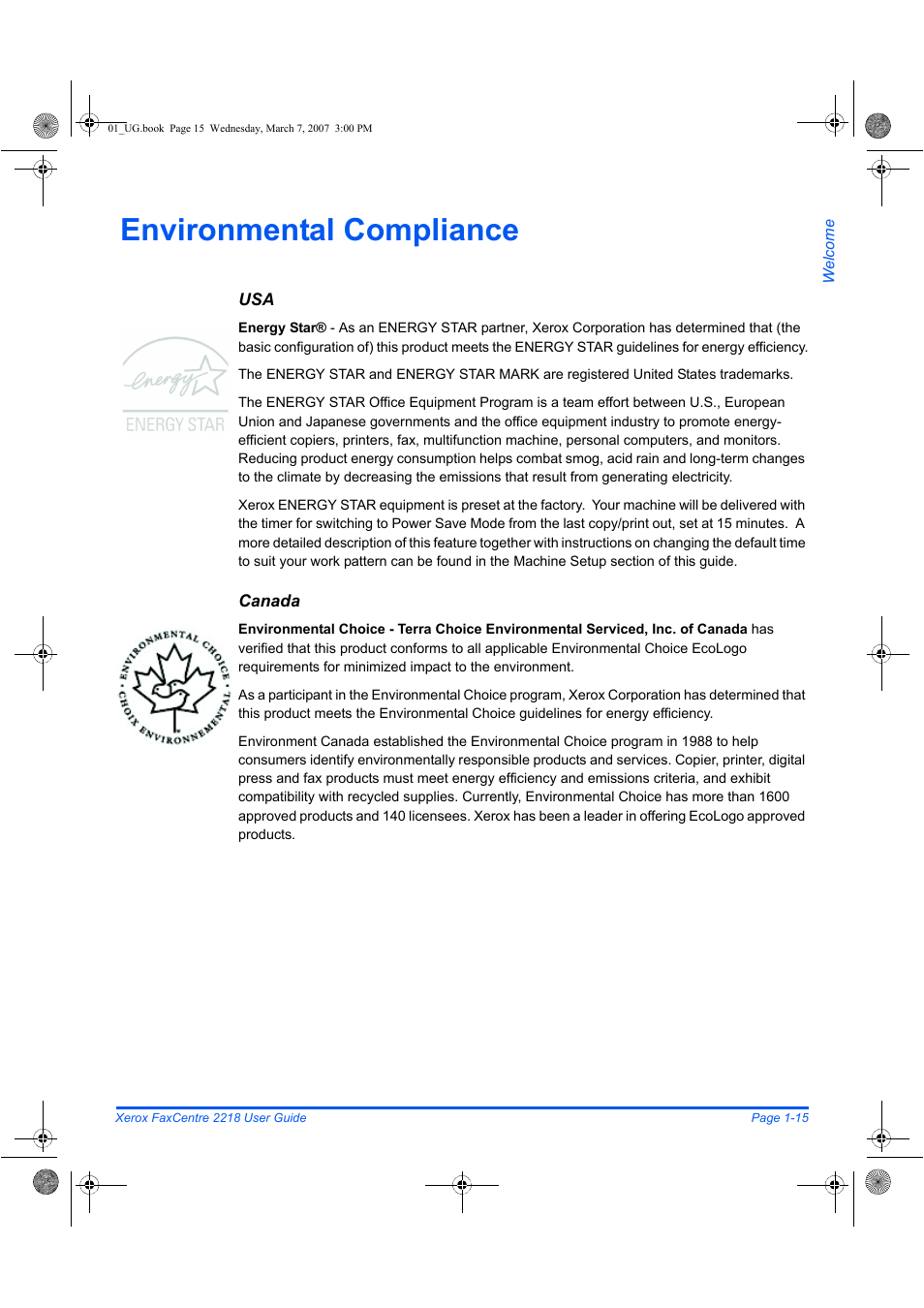 Environmental compliance | Xerox FaxCentre 2218 User Manual | Page 23 / 212