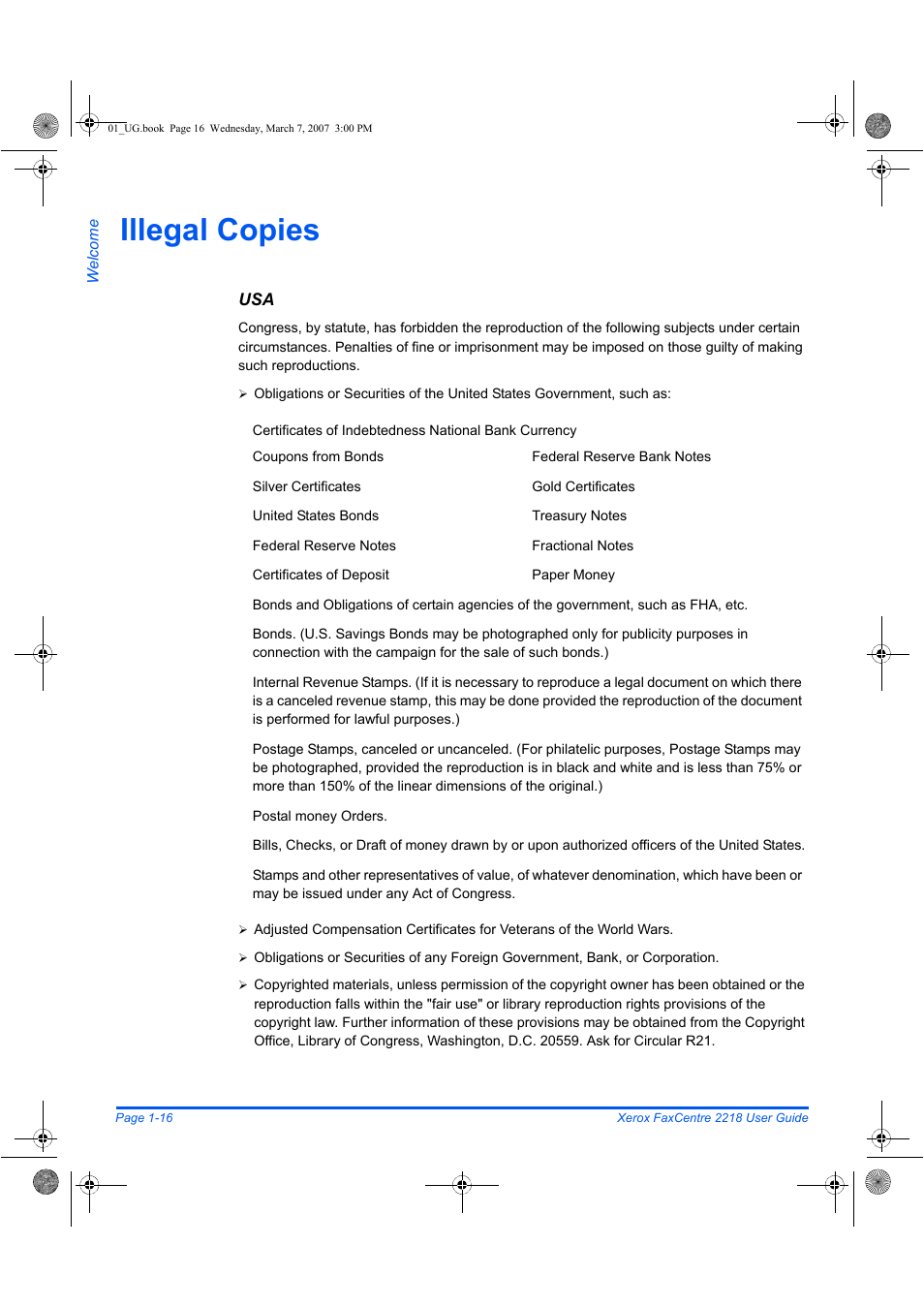 Illegal copies | Xerox FaxCentre 2218 User Manual | Page 24 / 212