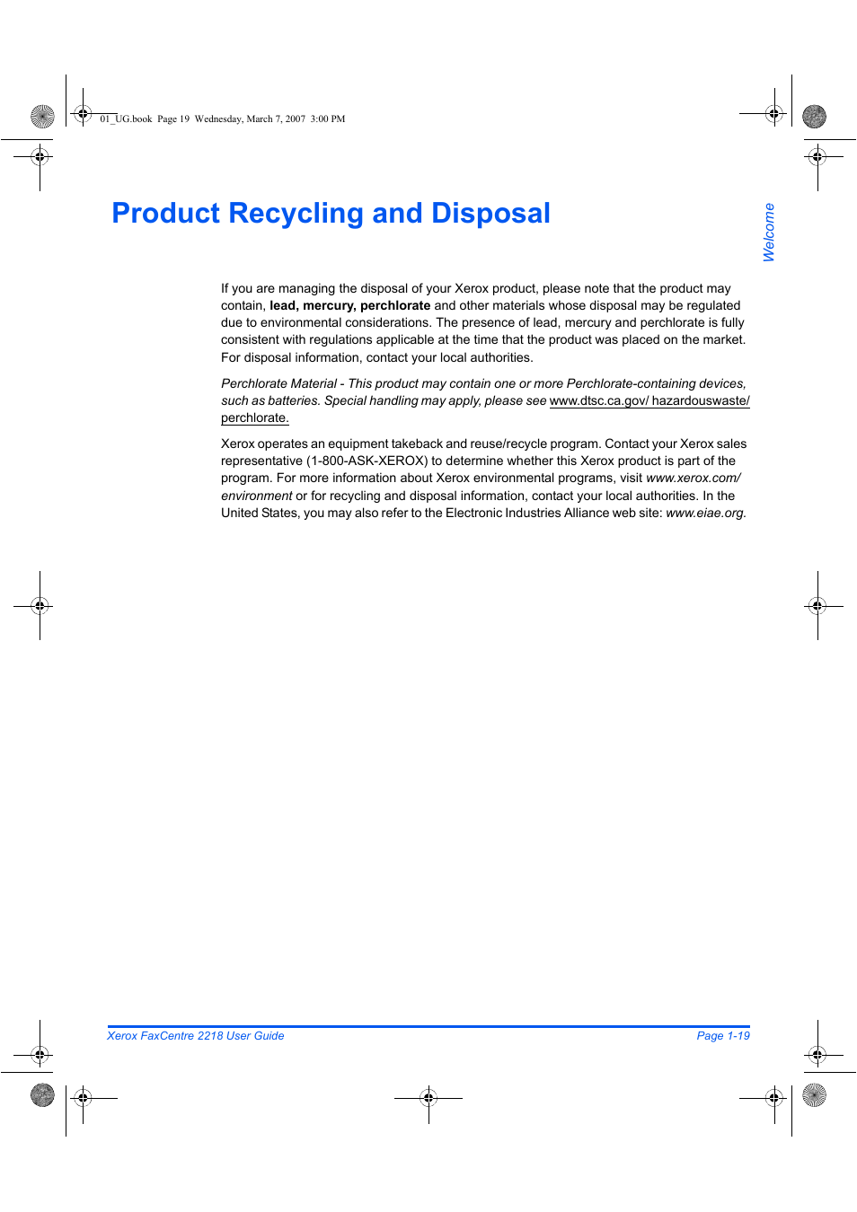 Product recycling and disposal | Xerox FaxCentre 2218 User Manual | Page 27 / 212