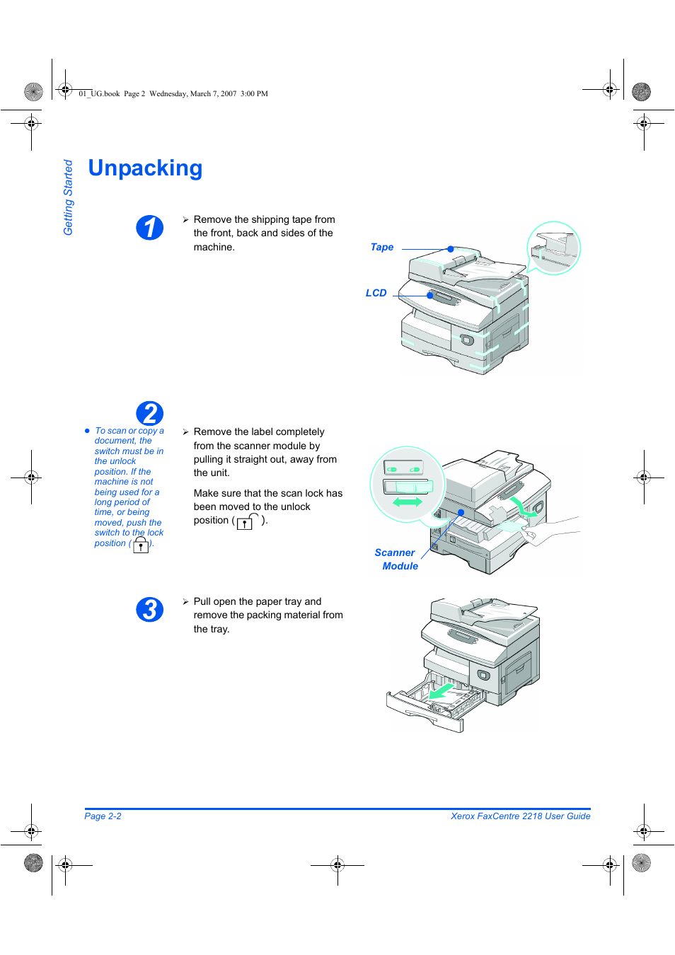 Unpacking | Xerox FaxCentre 2218 User Manual | Page 30 / 212