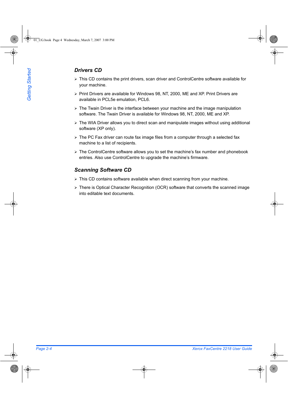 Drivers cd, Scanning software cd | Xerox FaxCentre 2218 User Manual | Page 32 / 212