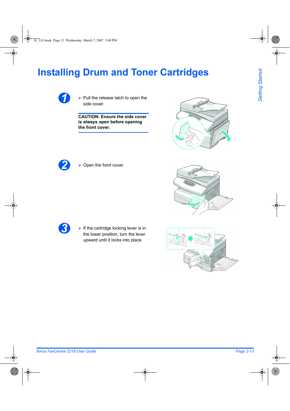 Installing drum and toner cartridges | Xerox FaxCentre 2218 User Manual | Page 41 / 212