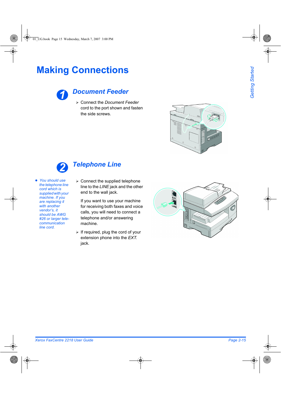 Making connections, Document feeder telephone line | Xerox FaxCentre 2218 User Manual | Page 43 / 212