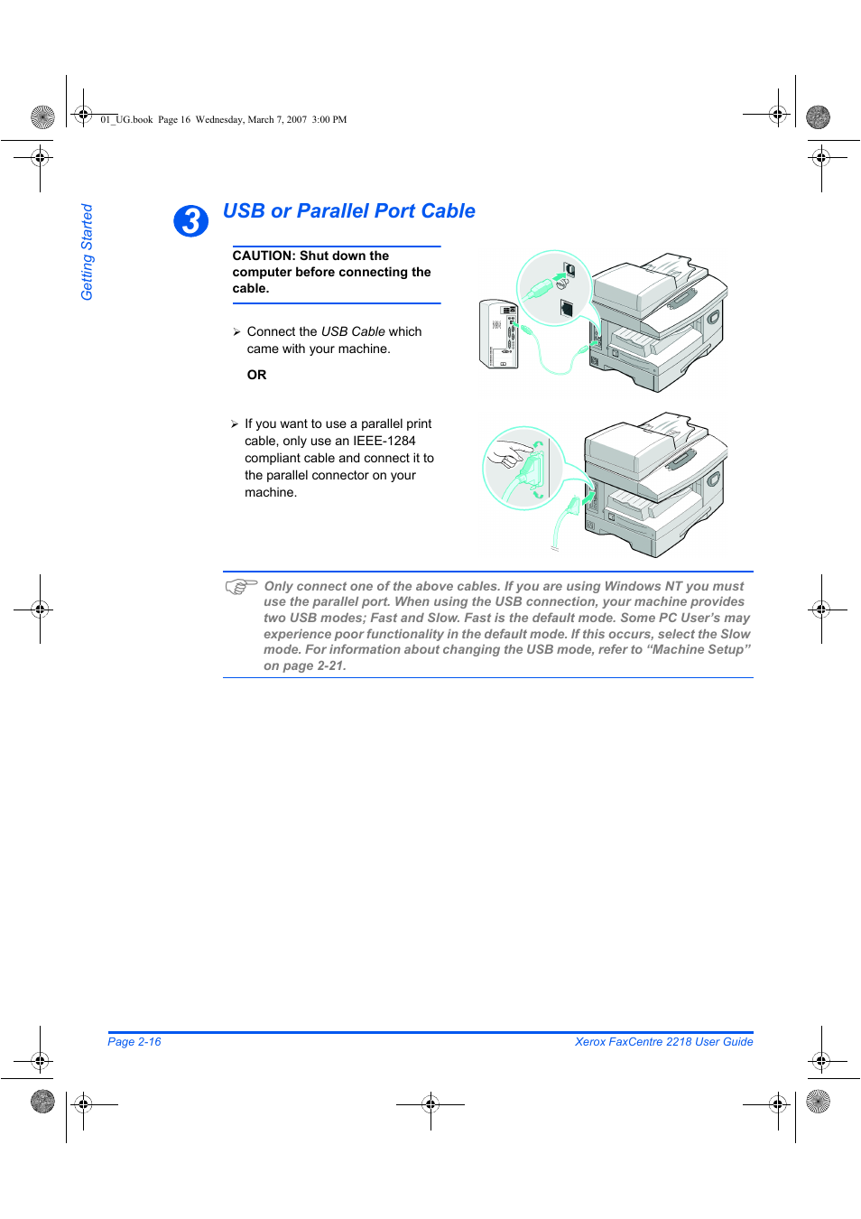 Usb or parallel port cable | Xerox FaxCentre 2218 User Manual | Page 44 / 212