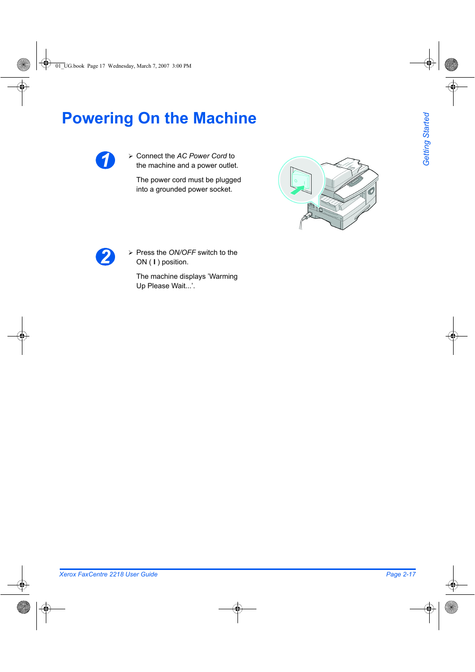 Powering on the machine | Xerox FaxCentre 2218 User Manual | Page 45 / 212