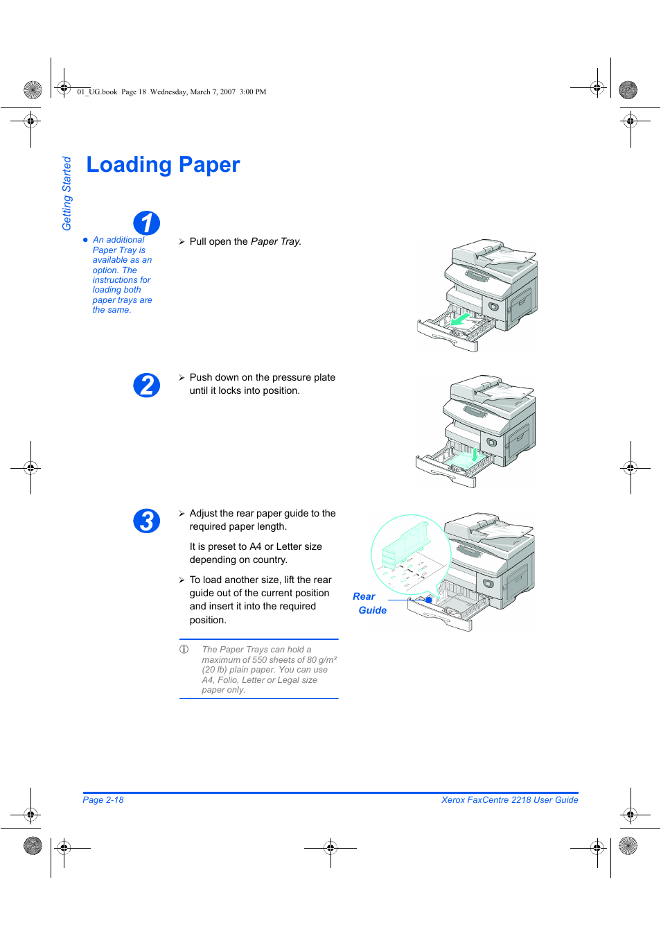 Loading paper | Xerox FaxCentre 2218 User Manual | Page 46 / 212