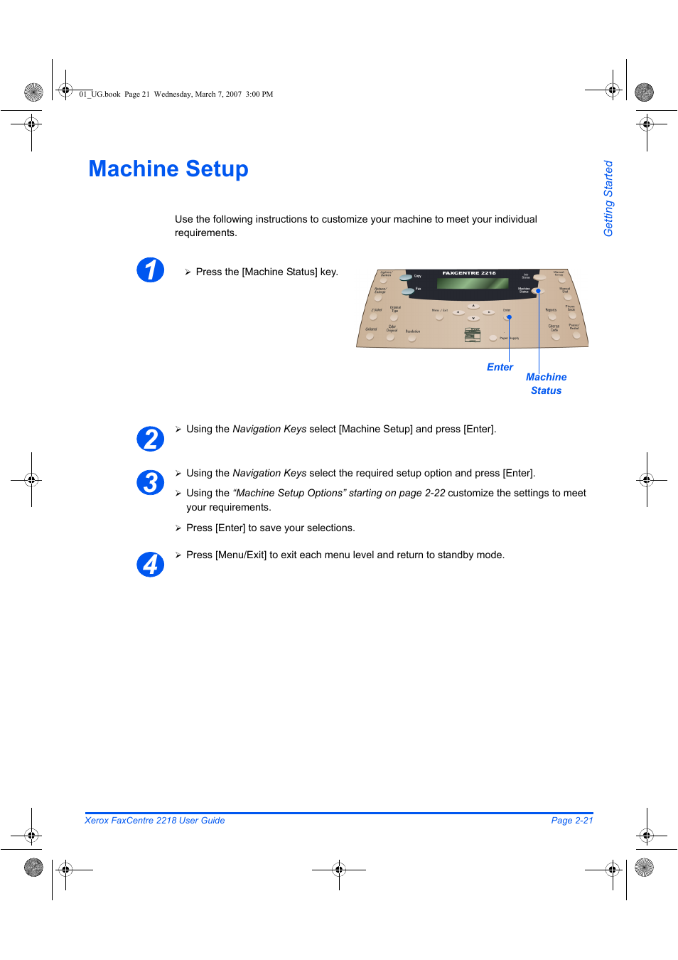 Machine setup | Xerox FaxCentre 2218 User Manual | Page 49 / 212