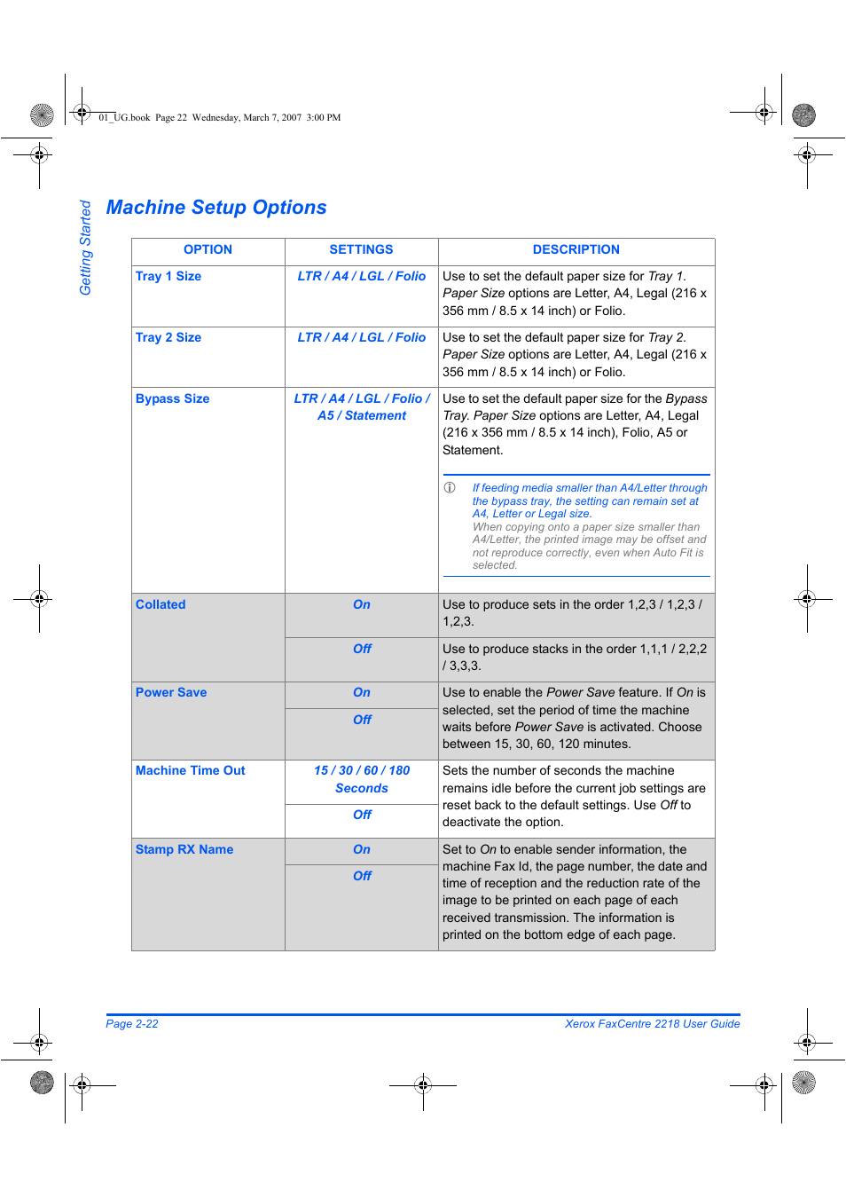 Machine setup options | Xerox FaxCentre 2218 User Manual | Page 50 / 212