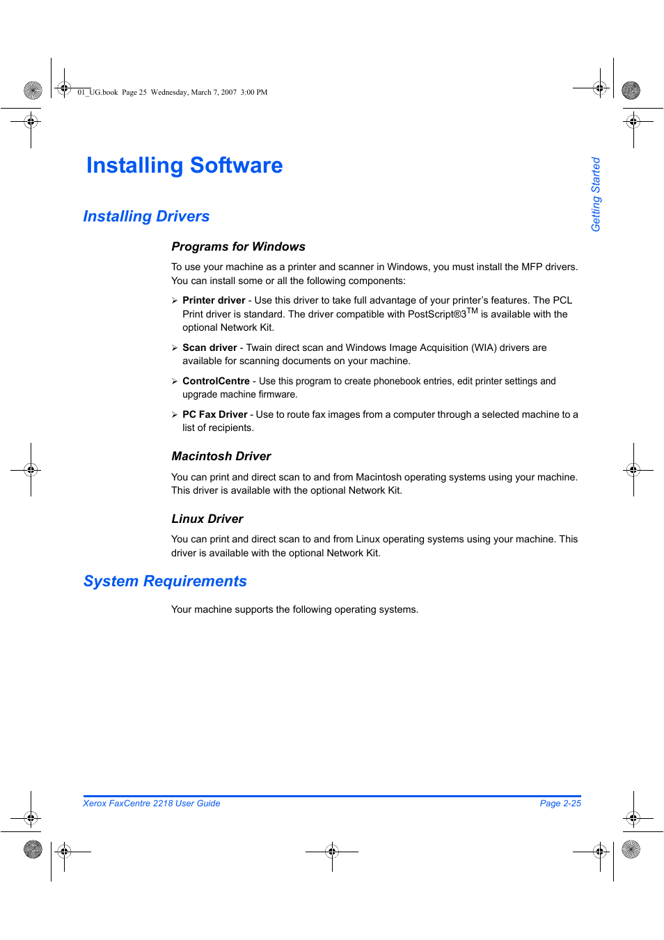 Installing software, Installing drivers, System requirements | Xerox FaxCentre 2218 User Manual | Page 53 / 212