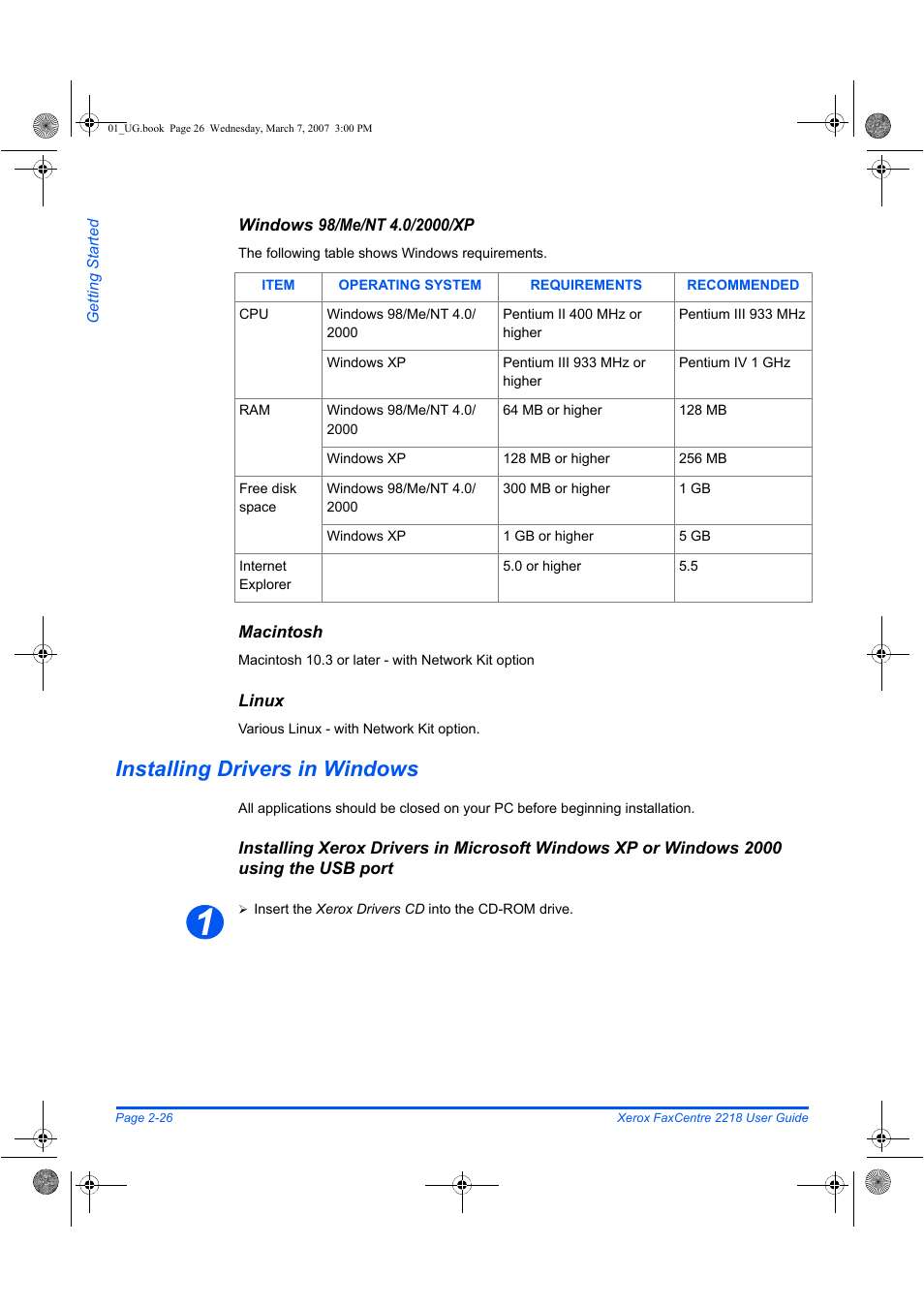 Installing drivers in windows | Xerox FaxCentre 2218 User Manual | Page 54 / 212