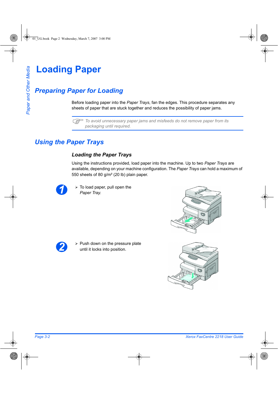 Loading paper | Xerox FaxCentre 2218 User Manual | Page 64 / 212