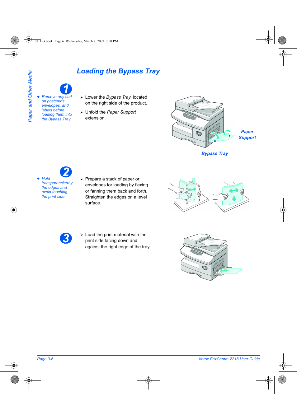 Loading the bypass tray | Xerox FaxCentre 2218 User Manual | Page 68 / 212