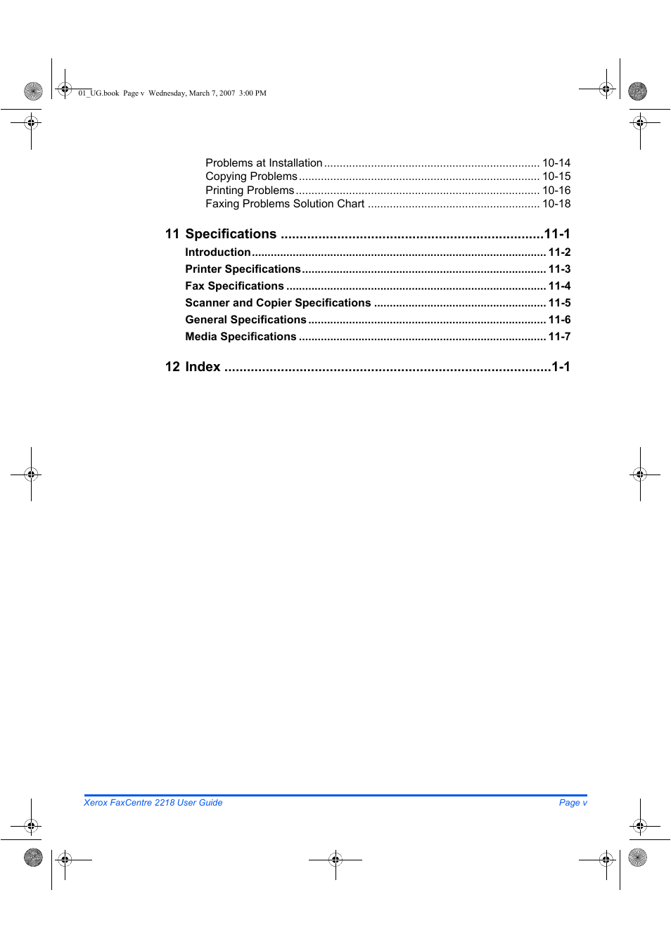 11 specifications -1, 12 index -1 | Xerox FaxCentre 2218 User Manual | Page 7 / 212