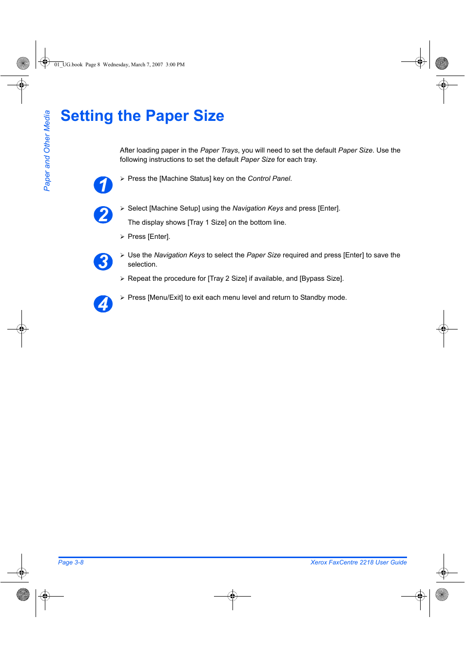 Setting the paper size | Xerox FaxCentre 2218 User Manual | Page 70 / 212