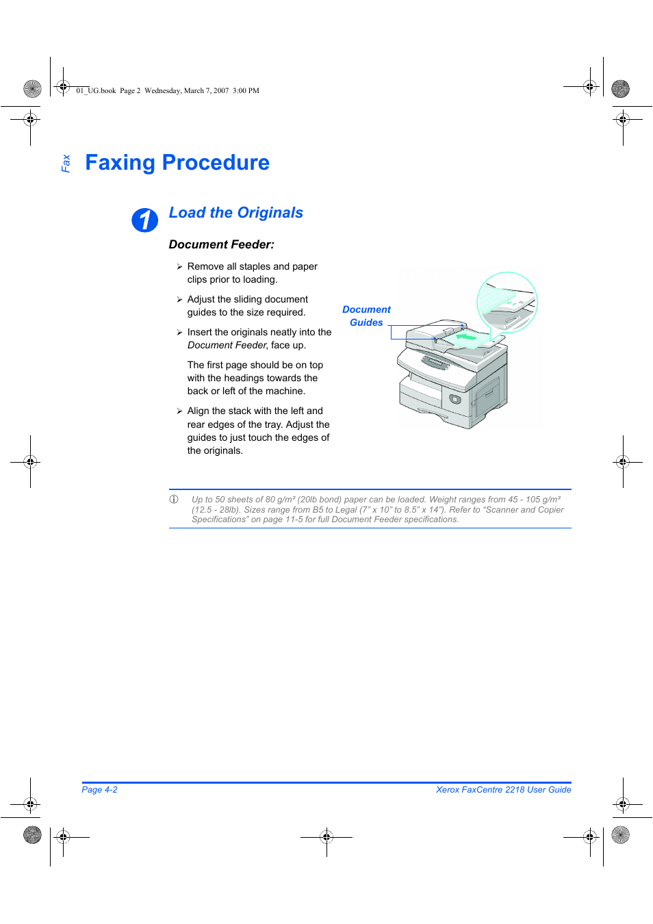 Faxing procedure, Load the originals | Xerox FaxCentre 2218 User Manual | Page 76 / 212