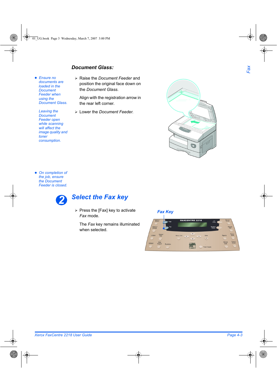 Select the fax key | Xerox FaxCentre 2218 User Manual | Page 77 / 212