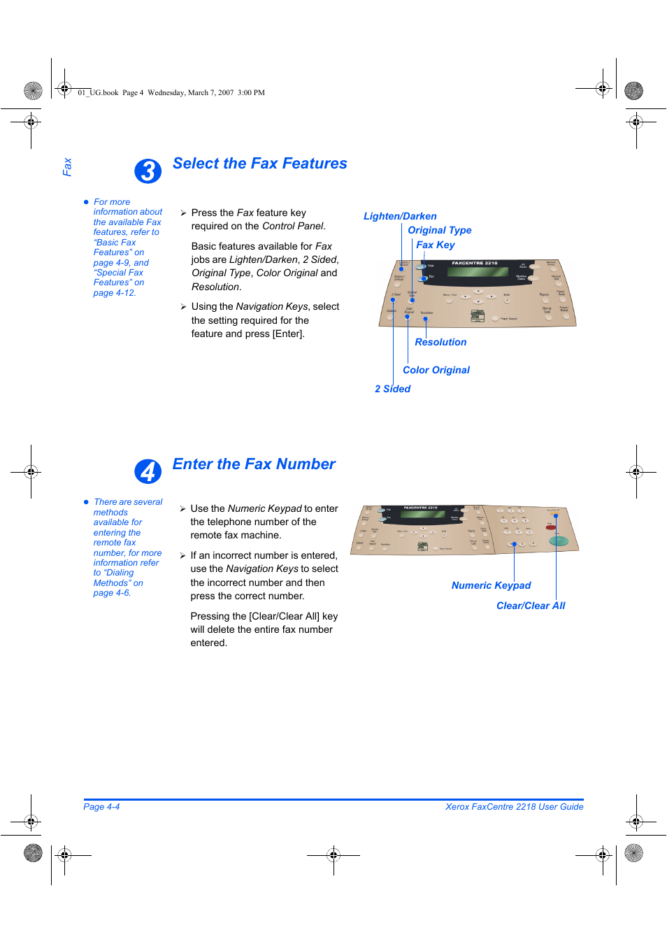 Select the fax features, Enter the fax number | Xerox FaxCentre 2218 User Manual | Page 78 / 212