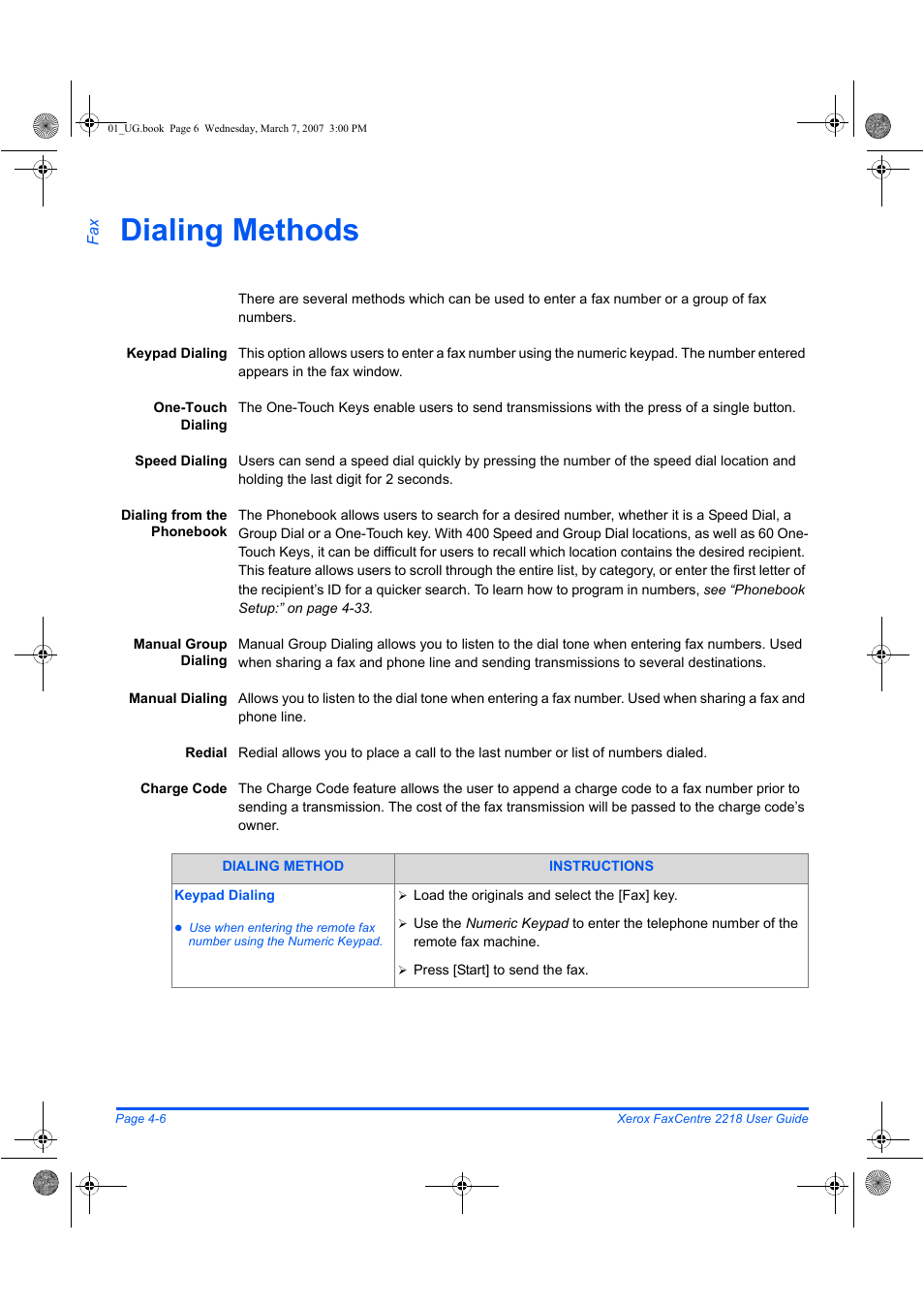 Dialing methods | Xerox FaxCentre 2218 User Manual | Page 80 / 212