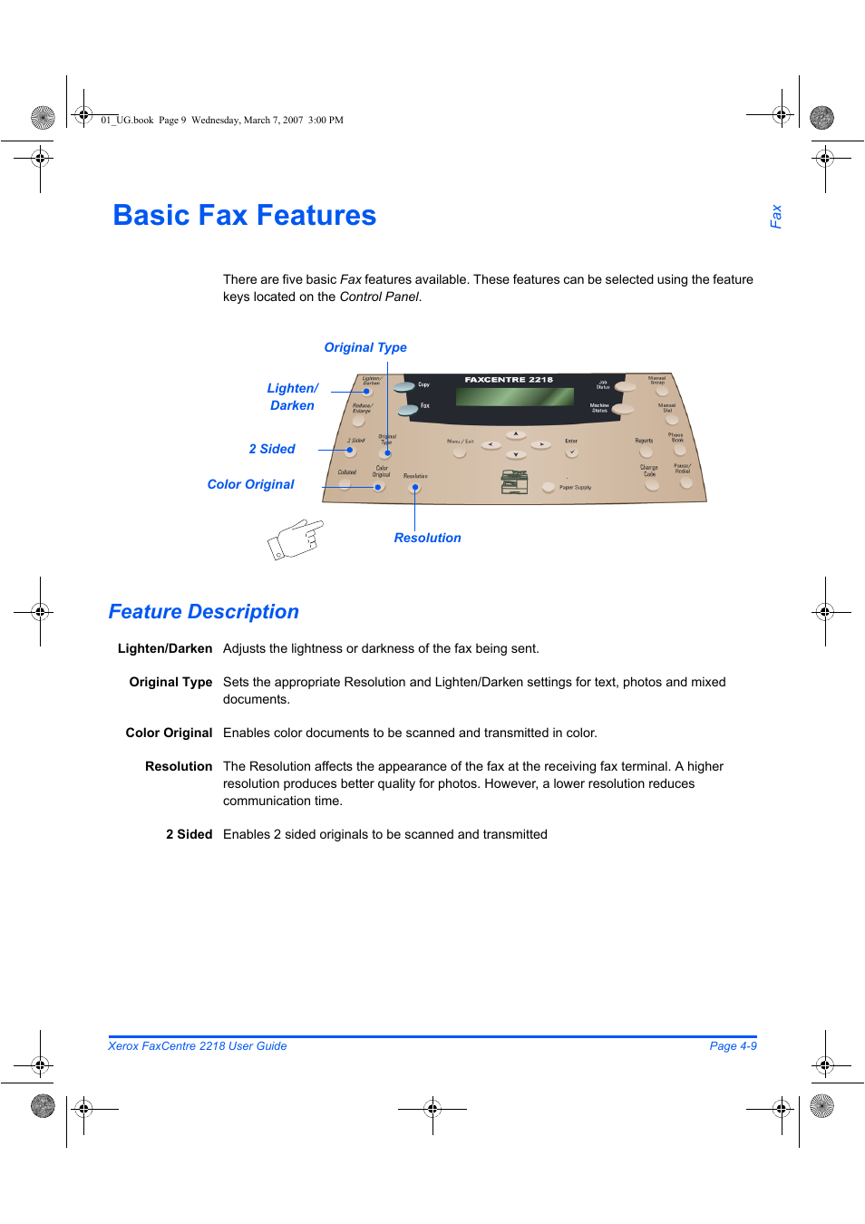 Basic fax features, Feature description | Xerox FaxCentre 2218 User Manual | Page 83 / 212