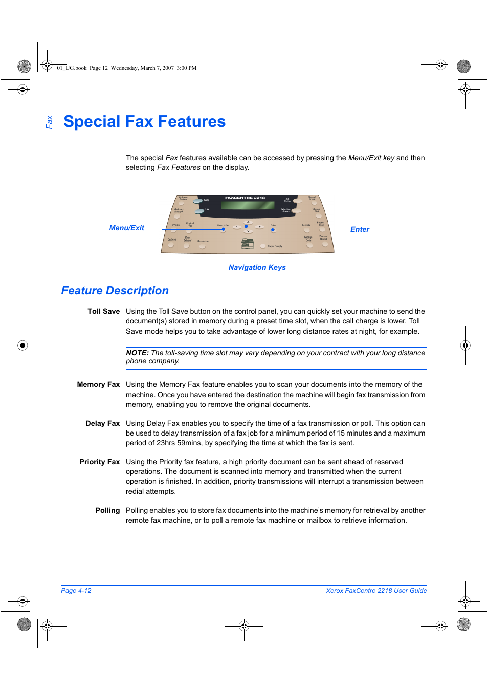 Special fax features, Feature description | Xerox FaxCentre 2218 User Manual | Page 86 / 212