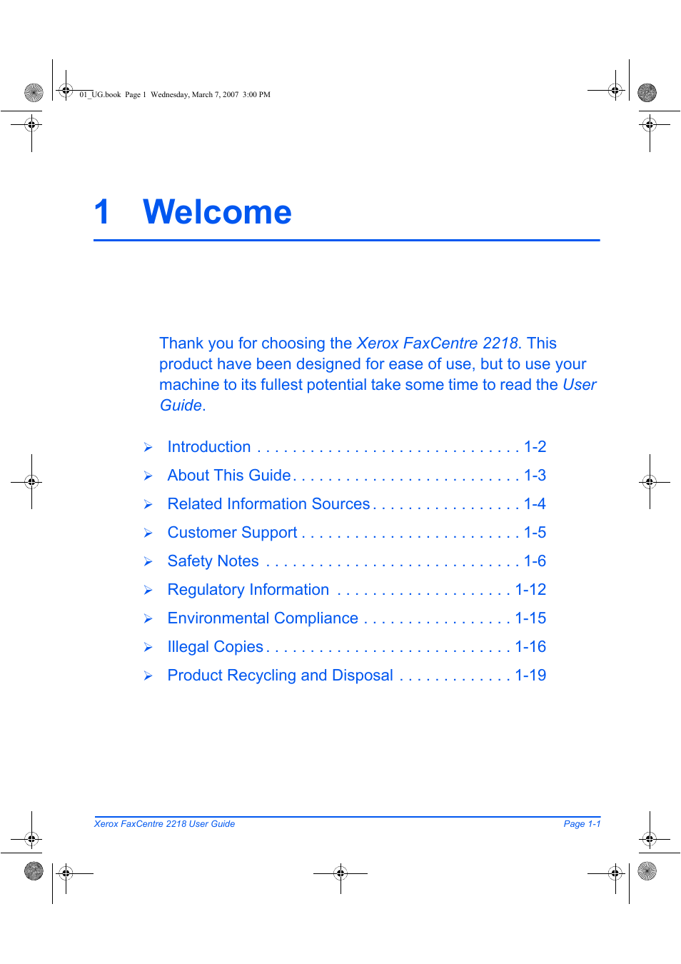 1 welcome | Xerox FaxCentre 2218 User Manual | Page 9 / 212