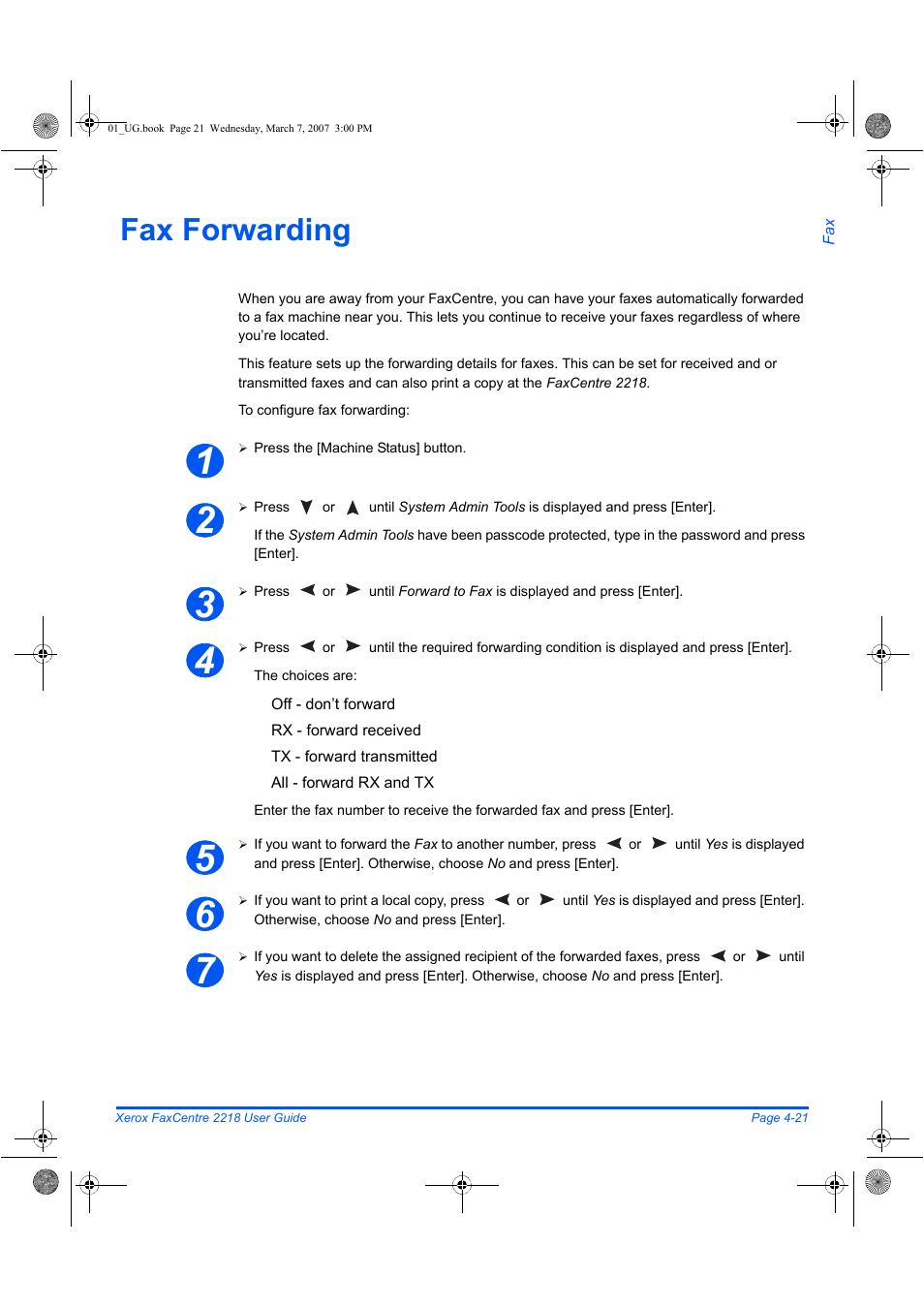 Fax forwarding | Xerox FaxCentre 2218 User Manual | Page 95 / 212