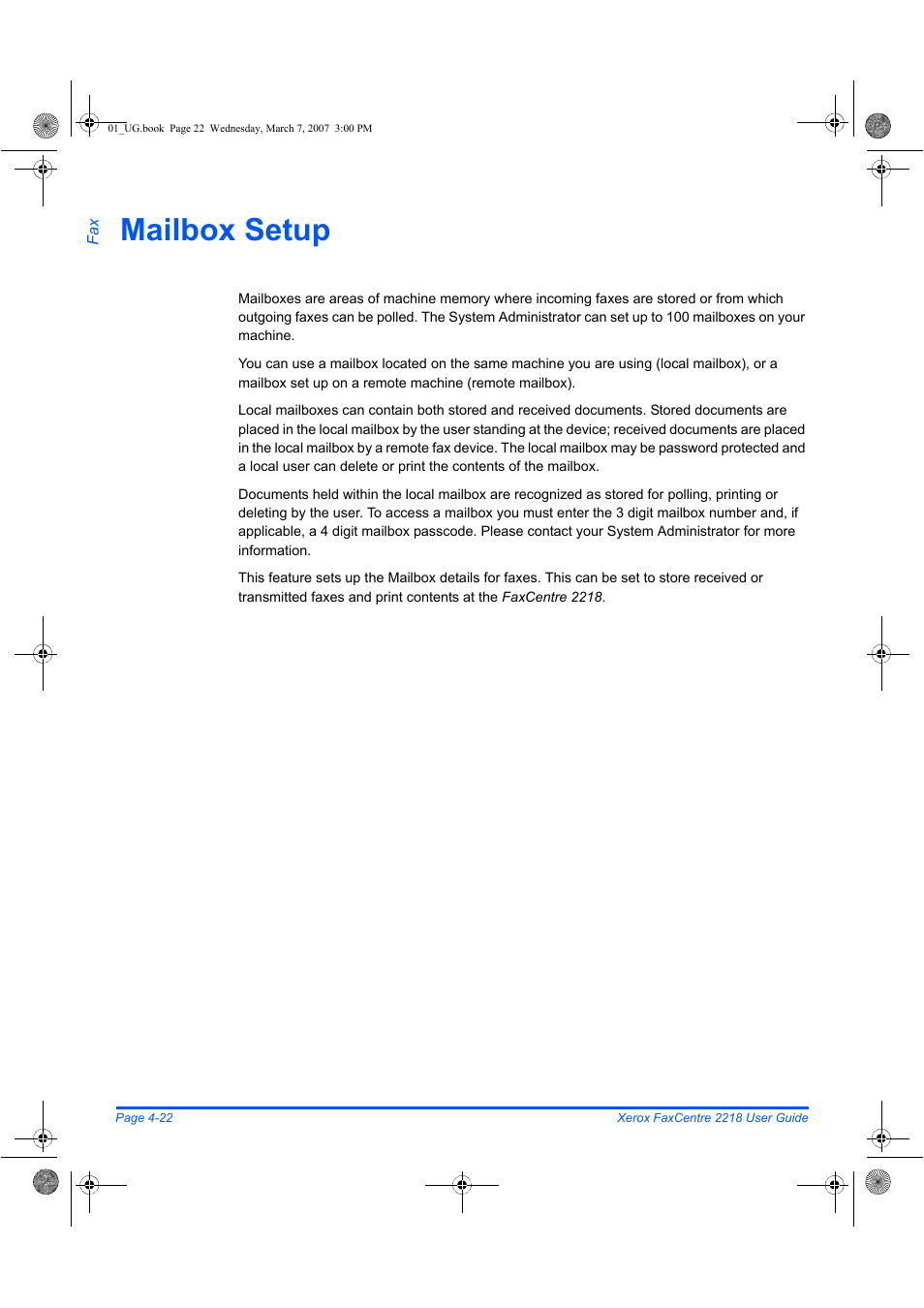 Mailbox setup | Xerox FaxCentre 2218 User Manual | Page 96 / 212