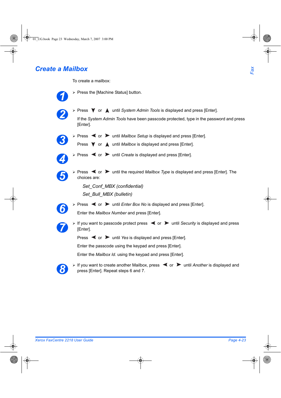 Create a mailbox | Xerox FaxCentre 2218 User Manual | Page 97 / 212