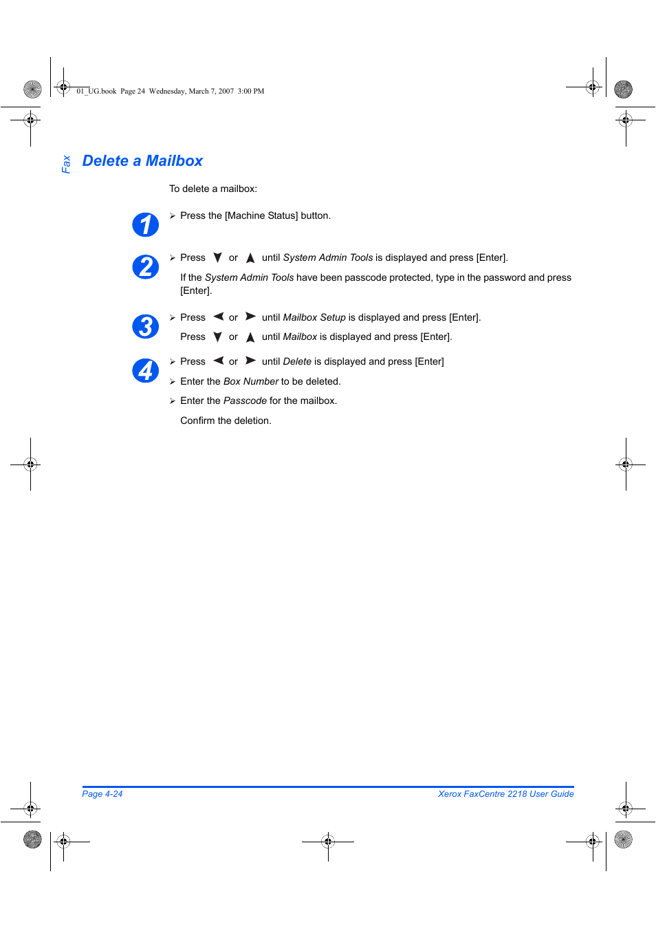Delete a mailbox | Xerox FaxCentre 2218 User Manual | Page 98 / 212