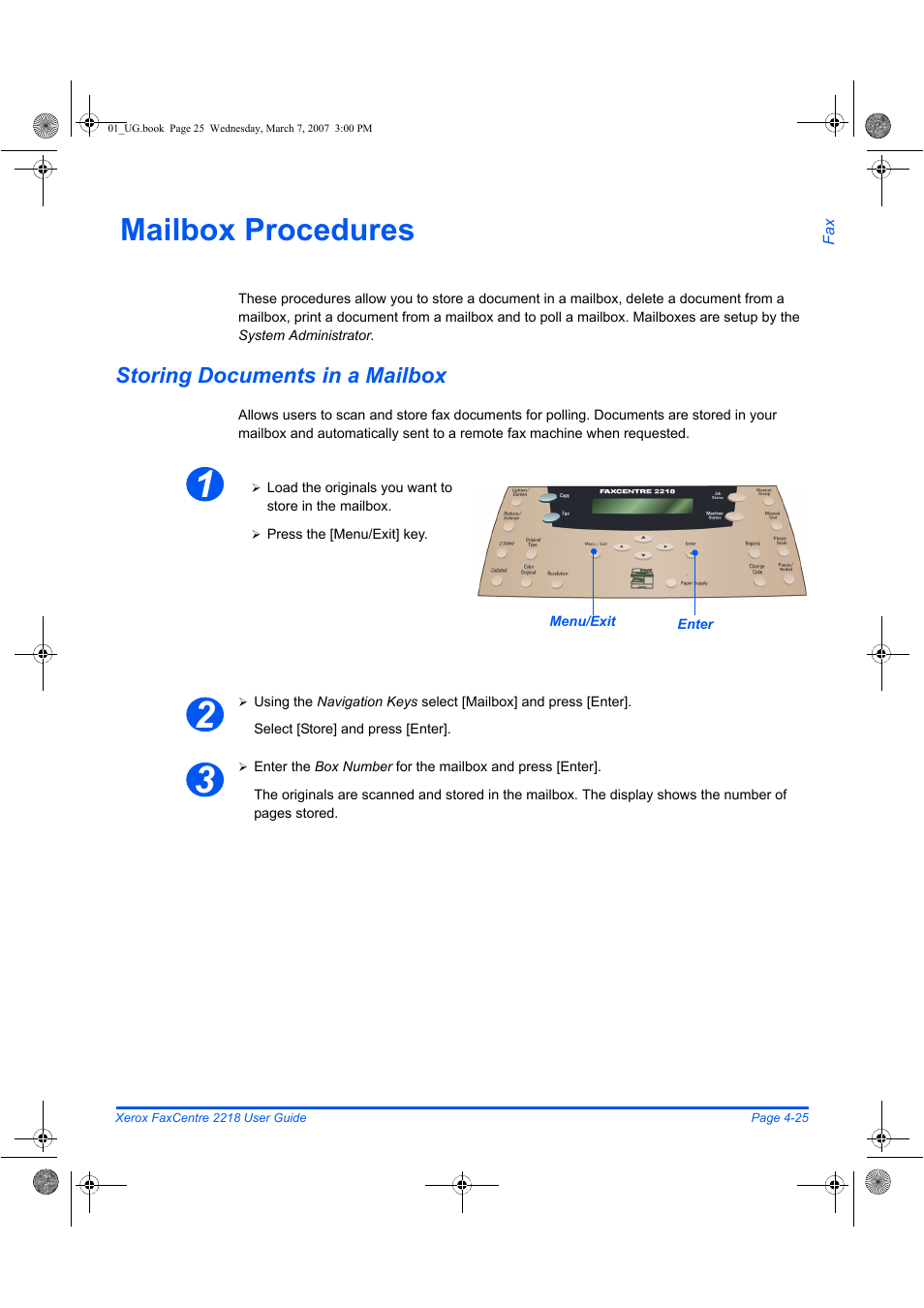 Mailbox procedures, Storing documents in a mailbox | Xerox FaxCentre 2218 User Manual | Page 99 / 212