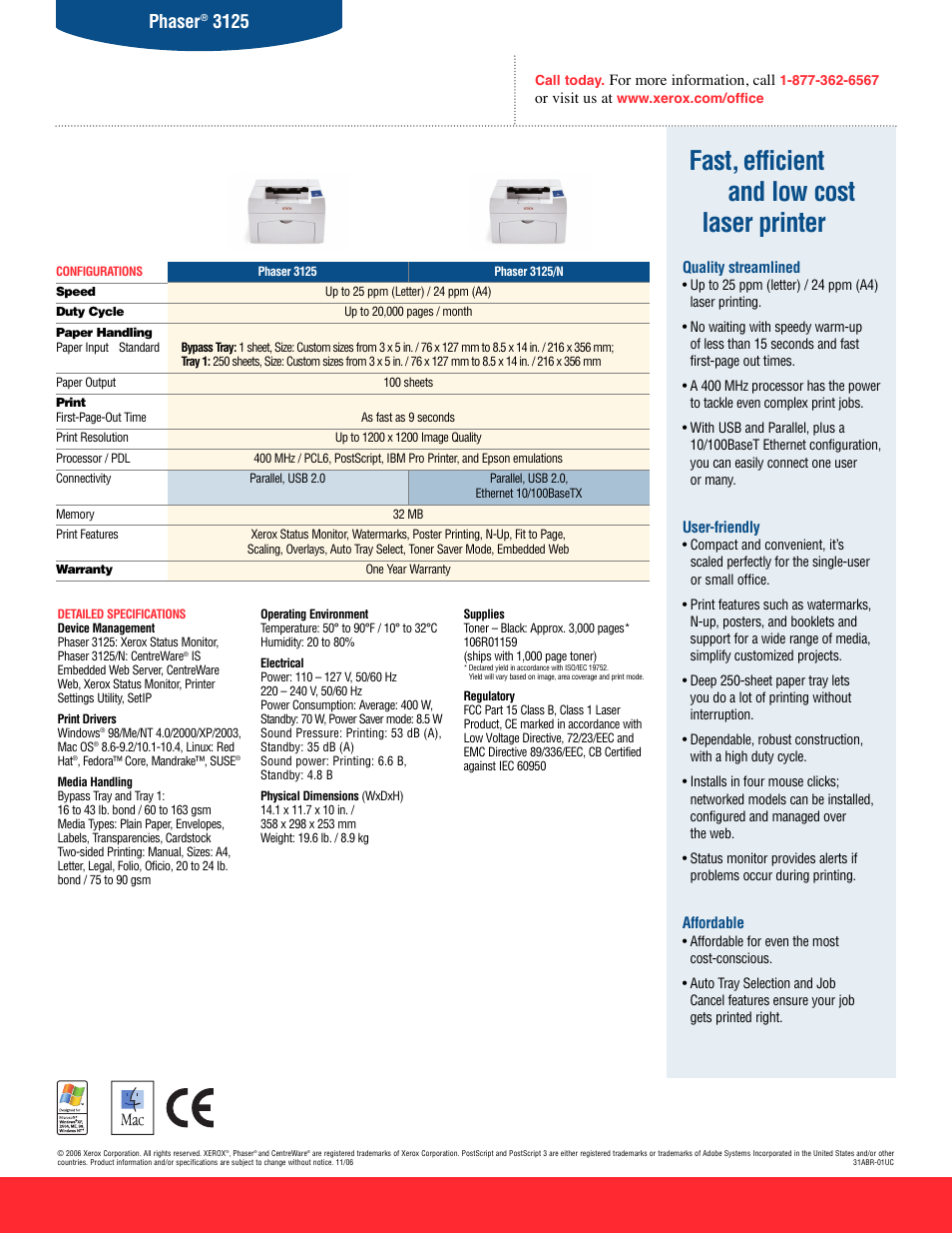 Fast, efficient and low cost laser printer, Phaser | Xerox PHASER 3125 User Manual | Page 2 / 2