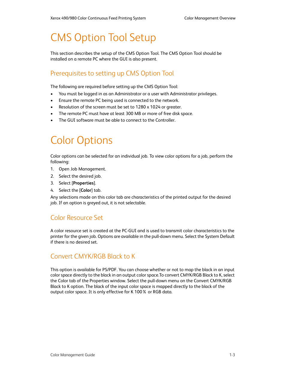 Cms option tool setup, Prerequisites to setting up cms option tool, Color options | Color resource set, Convert cmyk/rgb black to k, Cms option tool setup -3, Prerequisites to setting up cms option tool -3, Color options -3 | Xerox COLOR 490 User Manual | Page 7 / 102