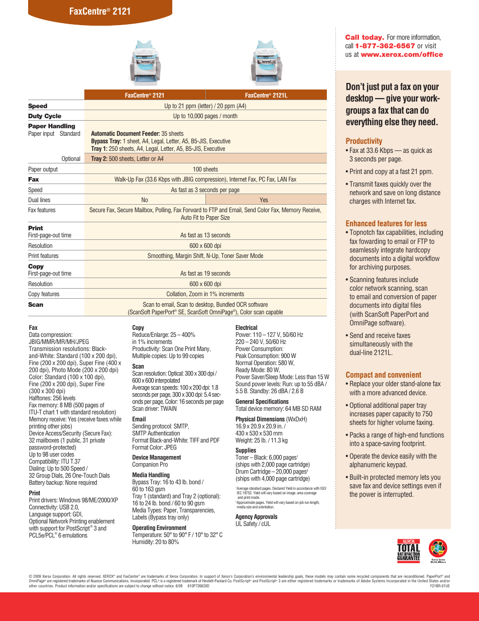 Faxcentre, Productivity, Enhanced features for less | Compact and convenient | Xerox FaxCentre 2121 User Manual | Page 2 / 2