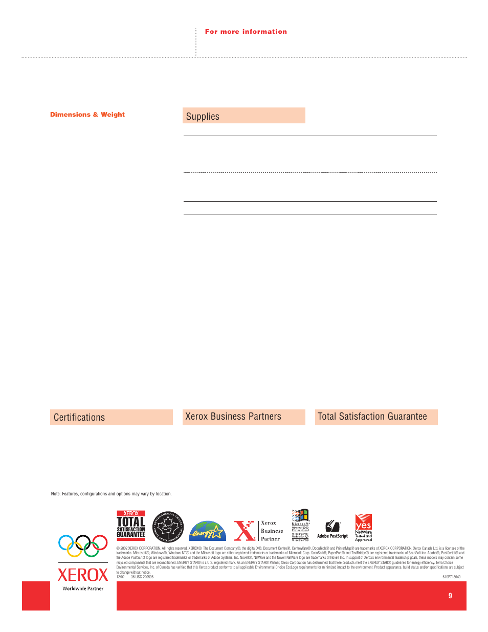 Xerox business partners, Total satisfaction guarantee, Supplies | Certifications | Xerox DOCUMENT CENTRE 425 User Manual | Page 9 / 9