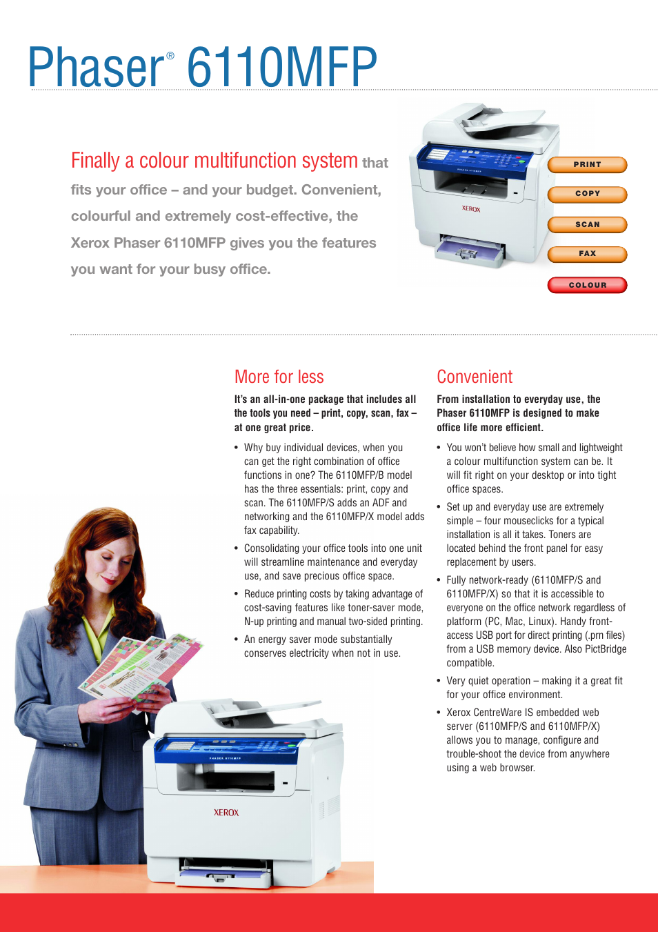 Phaser, 6110mfp, Finally a colour multifunction system | Convenient, More for less | Xerox Phaser Color Laser Printer 6110MFP User Manual | Page 2 / 4