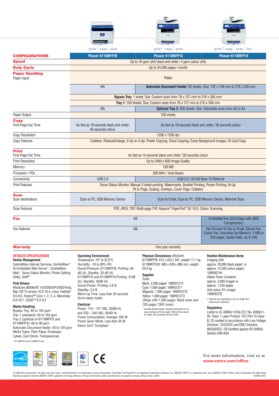 For more information, visit us at | Xerox Phaser Color Laser Printer 6110MFP User Manual | Page 4 / 4