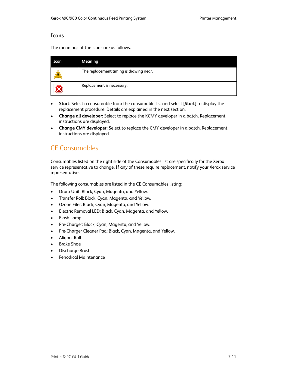 Ce consumables, Icons -11, Ce consumables -11 | Xerox 490 User Manual | Page 101 / 262