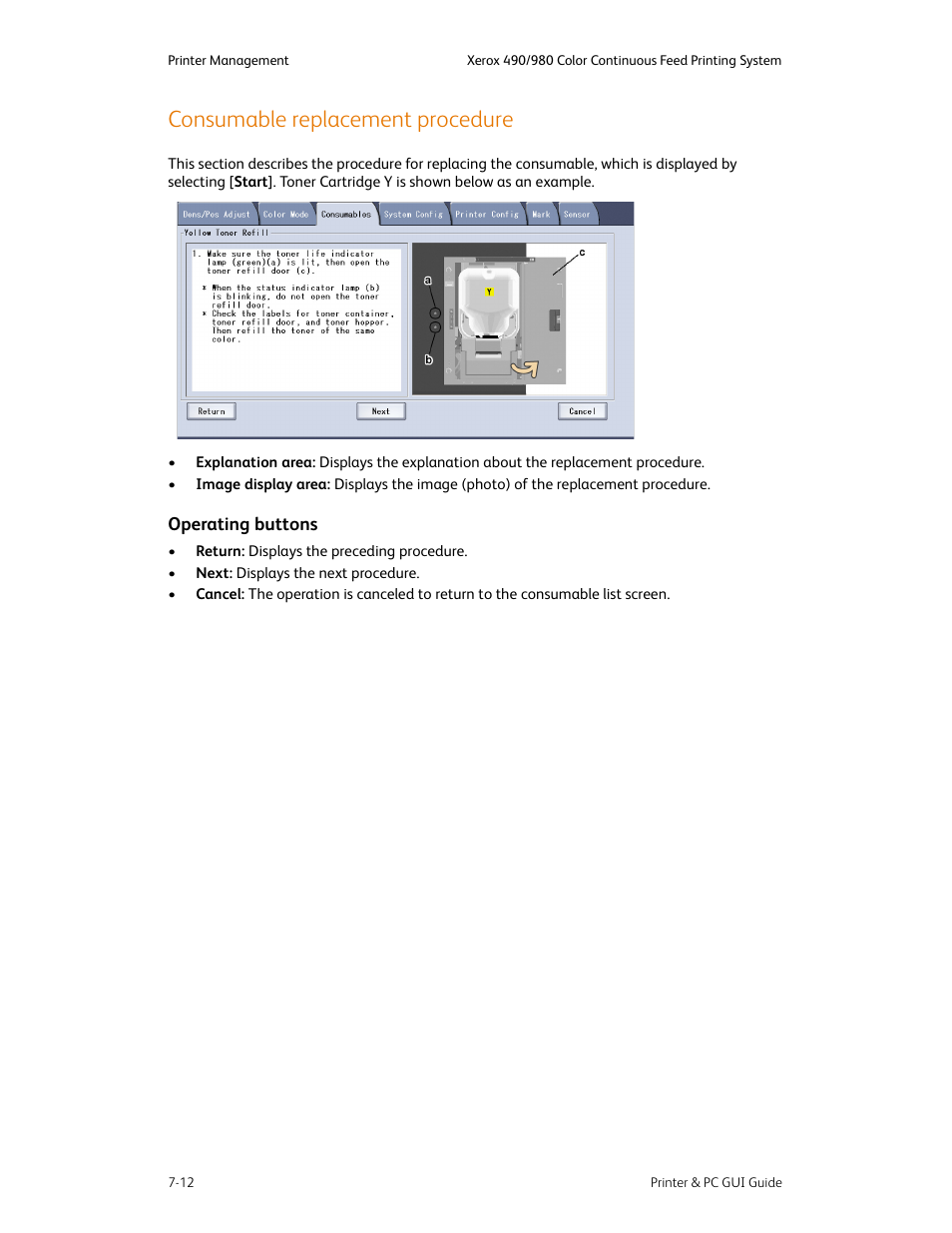 Consumable replacement procedure, Consumable replacement procedure -12, Operating buttons -12 | Xerox 490 User Manual | Page 102 / 262