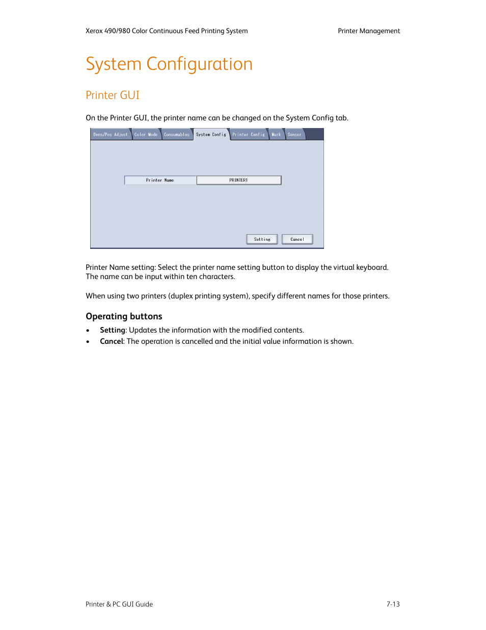 System configuration, Printer gui, System configuration -13 | Printer gui -13, Operating buttons -13 | Xerox 490 User Manual | Page 103 / 262
