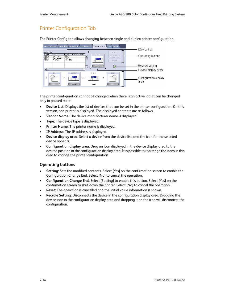 Printer configuration tab, Printer configuration tab -14, Operating buttons -14 | Xerox 490 User Manual | Page 104 / 262