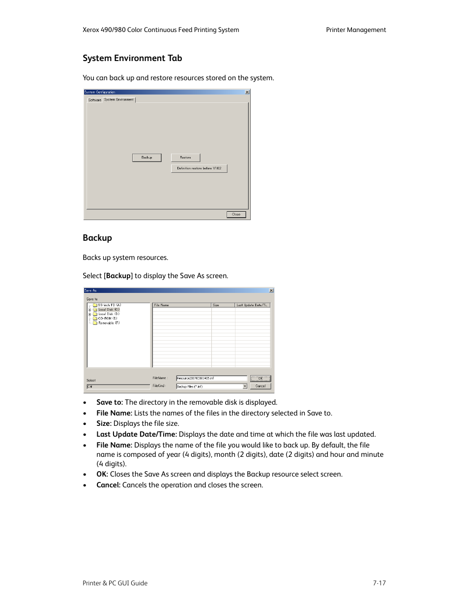 System environment tab -17 backup -17 | Xerox 490 User Manual | Page 107 / 262