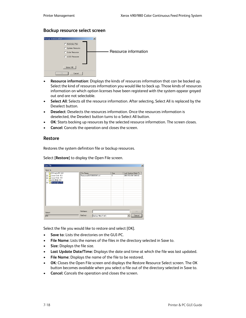 Backup resource select screen -18 restore -18 | Xerox 490 User Manual | Page 108 / 262