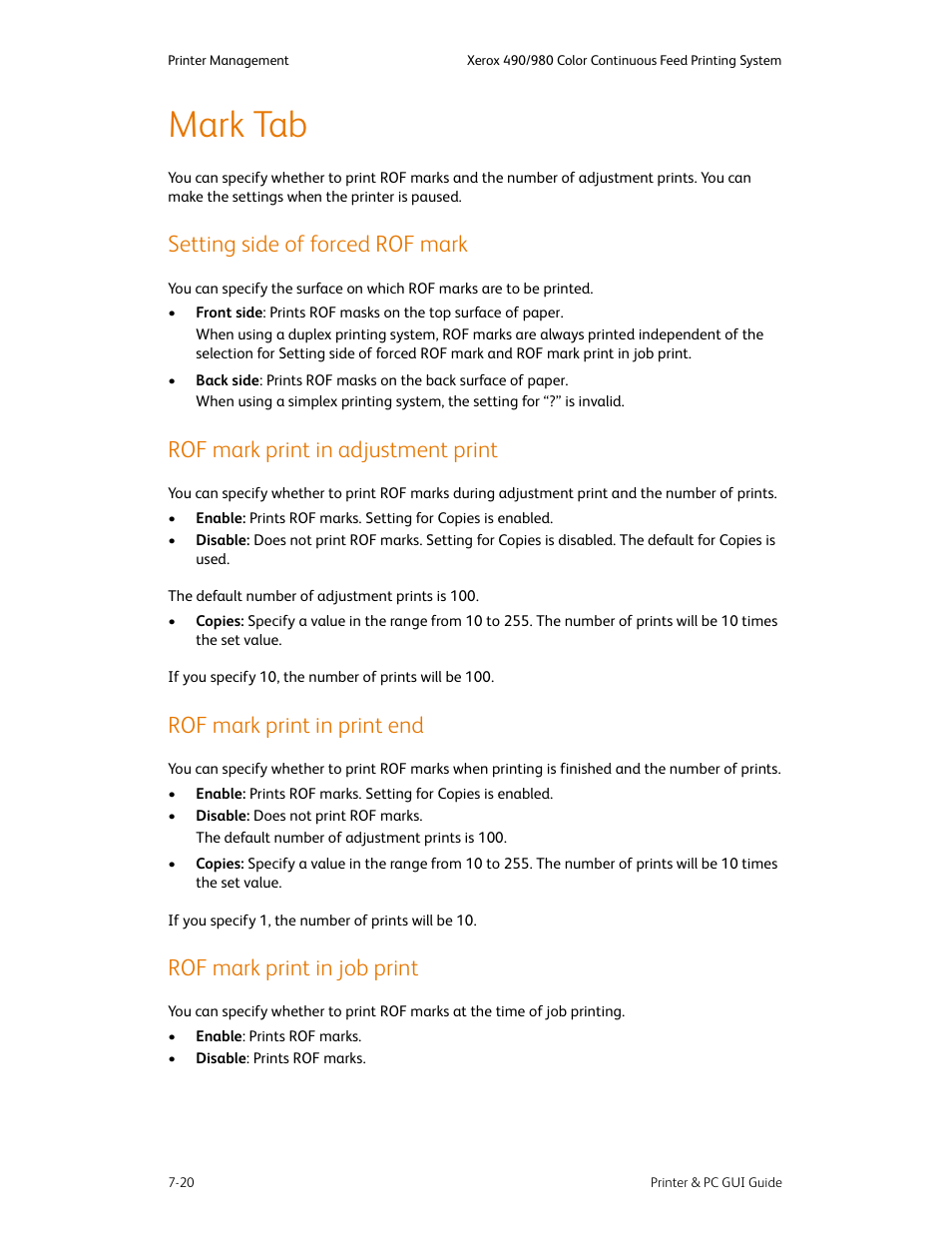 Mark tab, Setting side of forced rof mark, Rof mark print in adjustment print | Rof mark print in print end, Rof mark print in job print, Mark tab -20 | Xerox 490 User Manual | Page 110 / 262