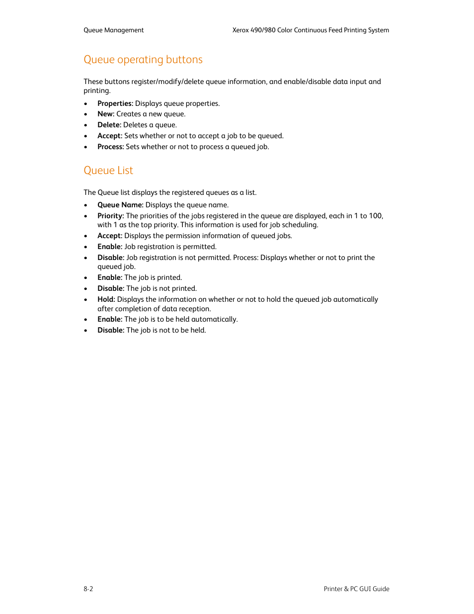 Queue operating buttons, Queue list, Queue operating buttons -2 queue list -2 | Xerox 490 User Manual | Page 114 / 262