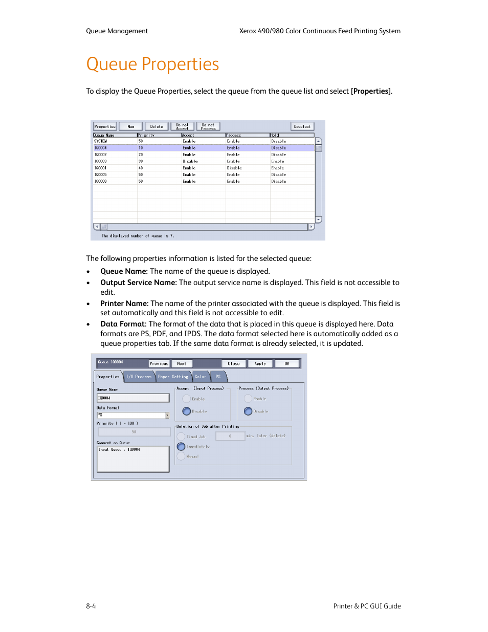 Queue properties, Queue properties -4 | Xerox 490 User Manual | Page 116 / 262