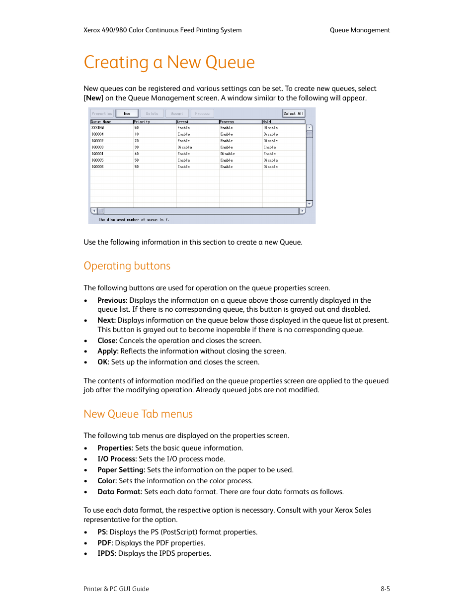 Creating a new queue, Operating buttons, New queue tab menus | Creating a new queue -5, Operating buttons -5 new queue tab menus -5 | Xerox 490 User Manual | Page 117 / 262